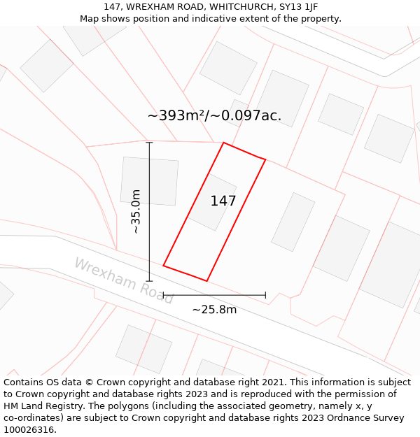 147, WREXHAM ROAD, WHITCHURCH, SY13 1JF: Plot and title map