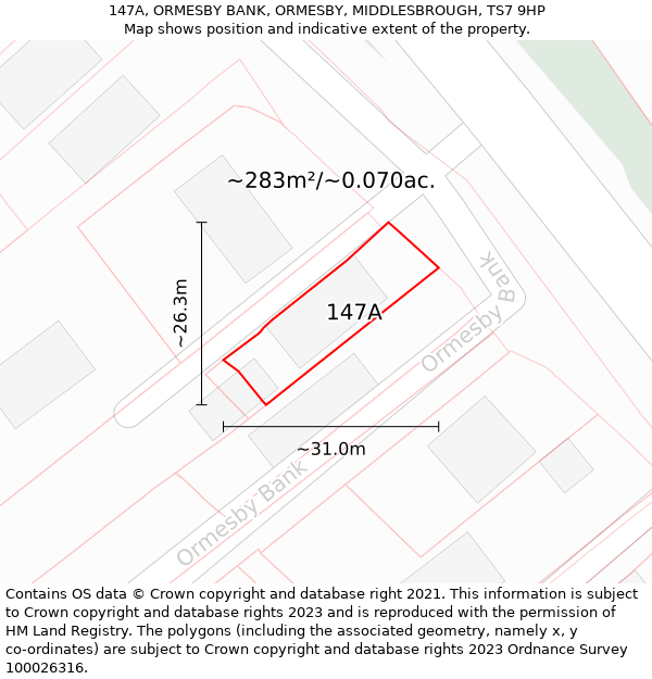 147A, ORMESBY BANK, ORMESBY, MIDDLESBROUGH, TS7 9HP: Plot and title map