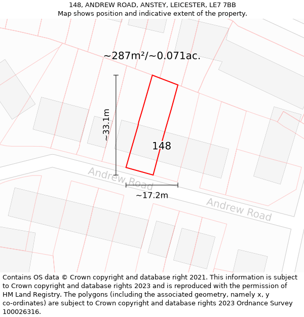148, ANDREW ROAD, ANSTEY, LEICESTER, LE7 7BB: Plot and title map