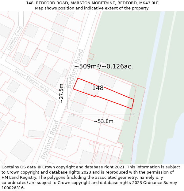 148, BEDFORD ROAD, MARSTON MORETAINE, BEDFORD, MK43 0LE: Plot and title map