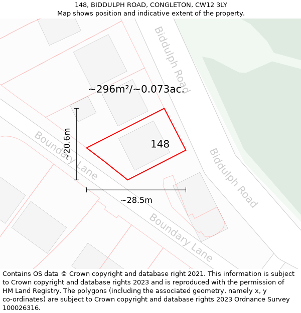 148, BIDDULPH ROAD, CONGLETON, CW12 3LY: Plot and title map