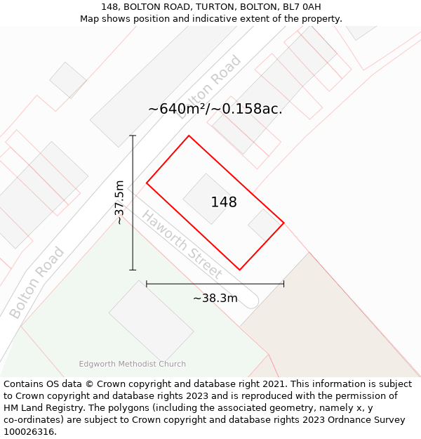 148, BOLTON ROAD, TURTON, BOLTON, BL7 0AH: Plot and title map