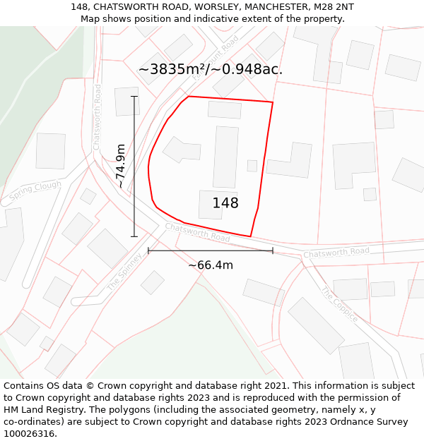 148, CHATSWORTH ROAD, WORSLEY, MANCHESTER, M28 2NT: Plot and title map