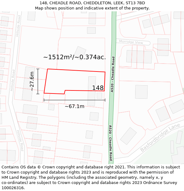 148, CHEADLE ROAD, CHEDDLETON, LEEK, ST13 7BD: Plot and title map