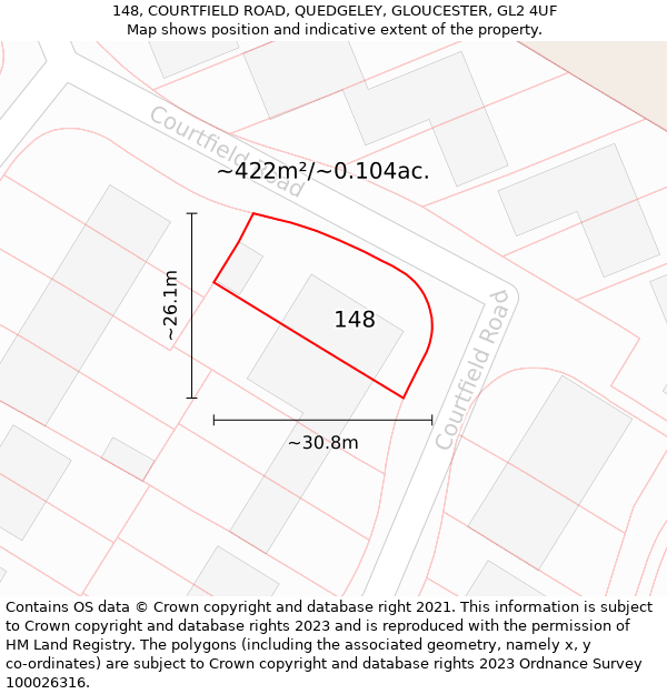 148, COURTFIELD ROAD, QUEDGELEY, GLOUCESTER, GL2 4UF: Plot and title map