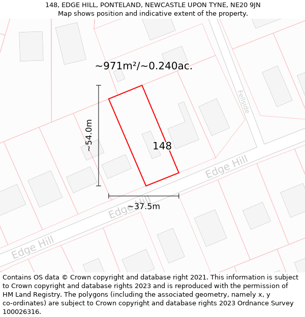 148, EDGE HILL, PONTELAND, NEWCASTLE UPON TYNE, NE20 9JN: Plot and title map