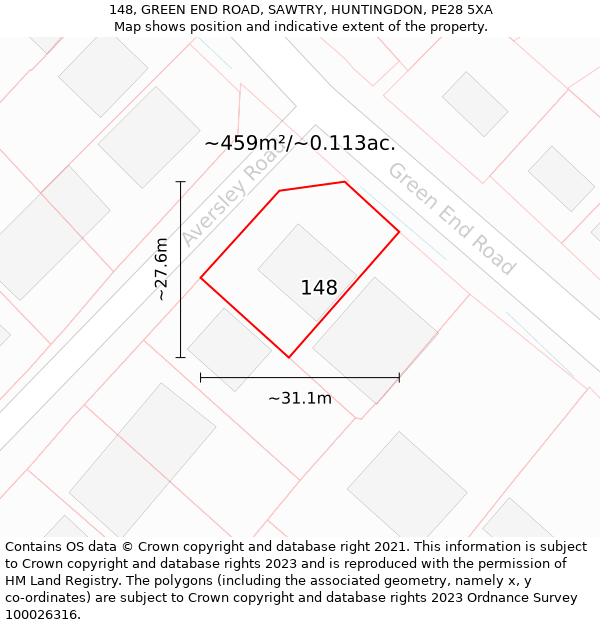 148, GREEN END ROAD, SAWTRY, HUNTINGDON, PE28 5XA: Plot and title map