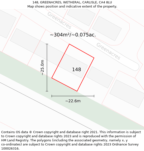 148, GREENACRES, WETHERAL, CARLISLE, CA4 8LU: Plot and title map