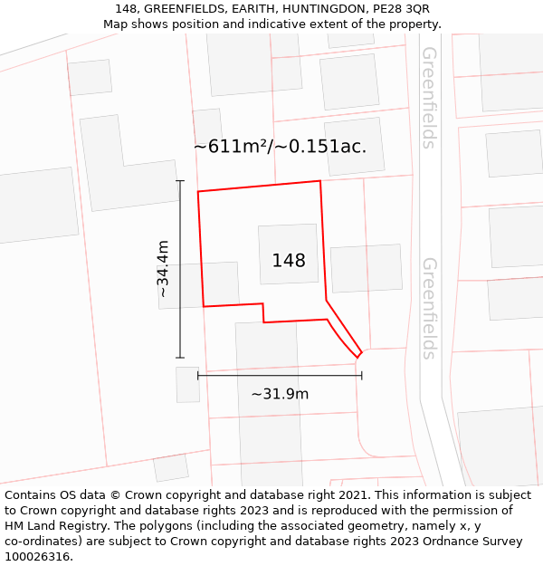 148, GREENFIELDS, EARITH, HUNTINGDON, PE28 3QR: Plot and title map