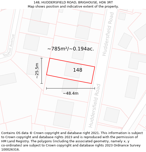 148, HUDDERSFIELD ROAD, BRIGHOUSE, HD6 3RT: Plot and title map