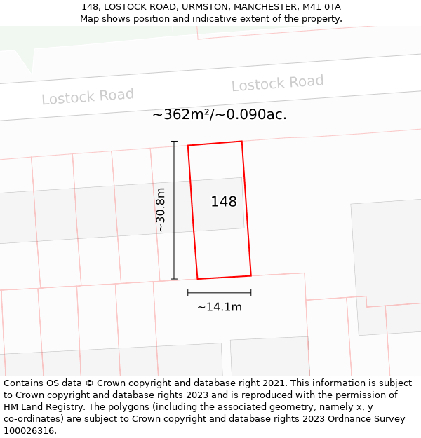 148, LOSTOCK ROAD, URMSTON, MANCHESTER, M41 0TA: Plot and title map