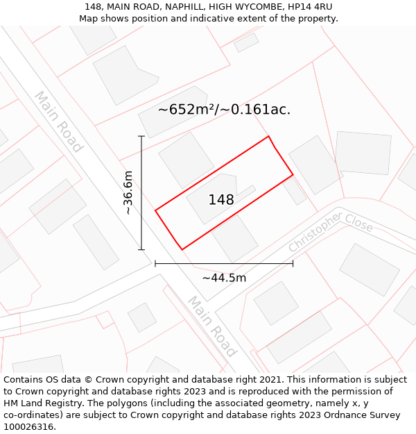 148, MAIN ROAD, NAPHILL, HIGH WYCOMBE, HP14 4RU: Plot and title map