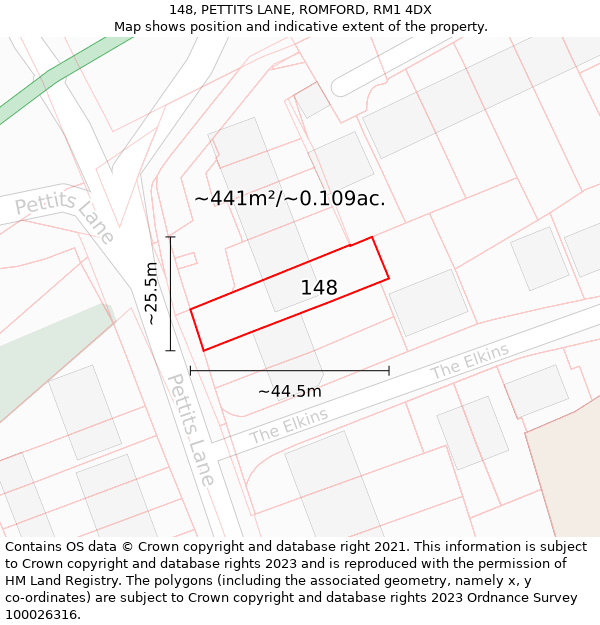 148, PETTITS LANE, ROMFORD, RM1 4DX: Plot and title map