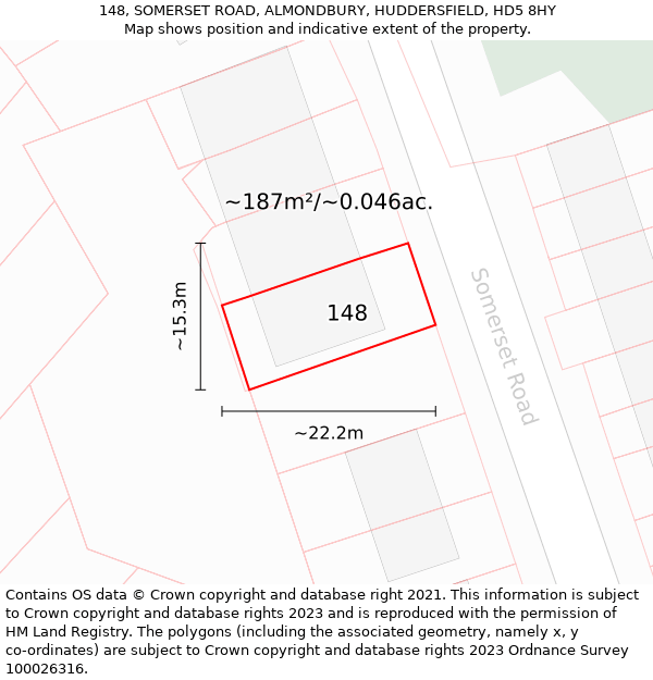 148, SOMERSET ROAD, ALMONDBURY, HUDDERSFIELD, HD5 8HY: Plot and title map