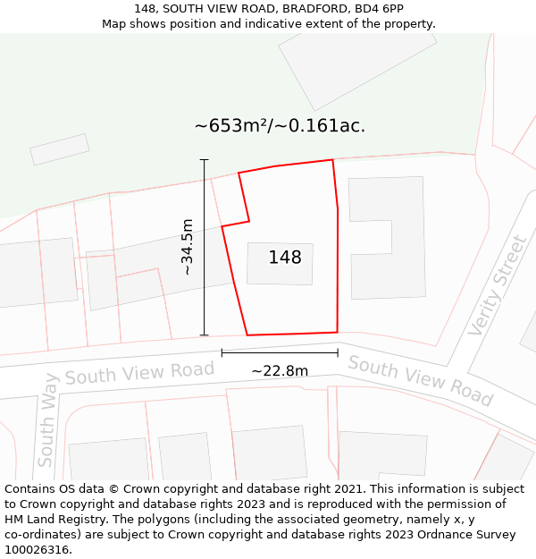 148, SOUTH VIEW ROAD, BRADFORD, BD4 6PP: Plot and title map