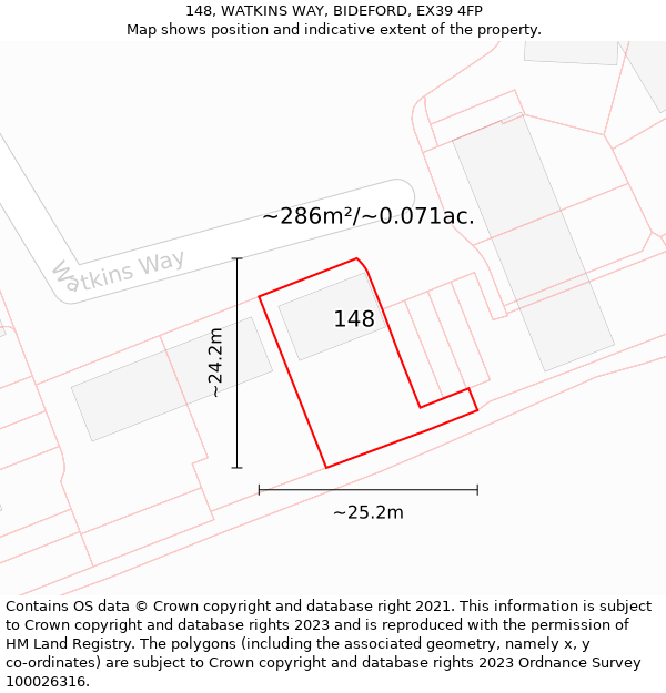 148, WATKINS WAY, BIDEFORD, EX39 4FP: Plot and title map