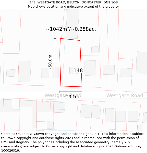 148, WESTGATE ROAD, BELTON, DONCASTER, DN9 1QB: Plot and title map