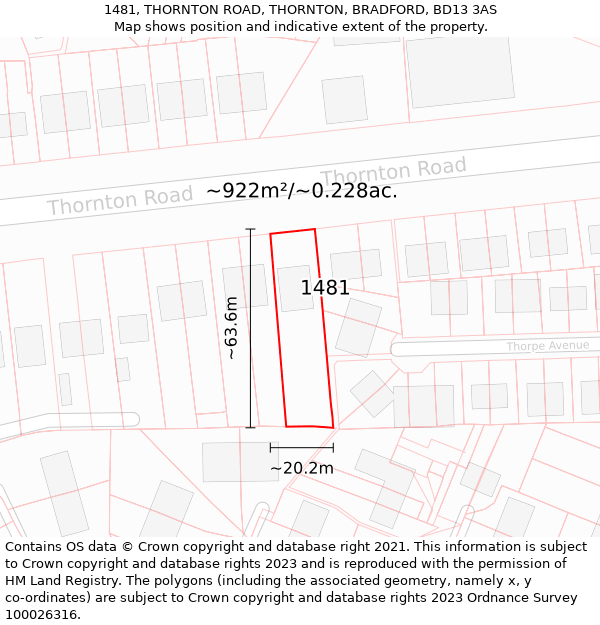 1481, THORNTON ROAD, THORNTON, BRADFORD, BD13 3AS: Plot and title map