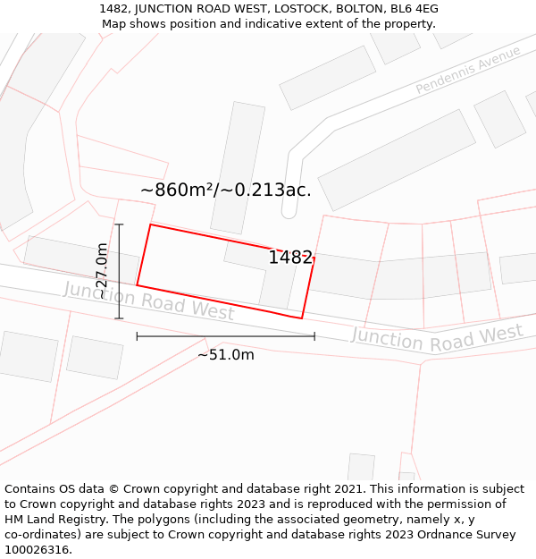 1482, JUNCTION ROAD WEST, LOSTOCK, BOLTON, BL6 4EG: Plot and title map