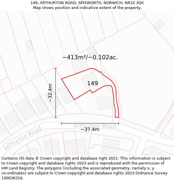 149, ARTHURTON ROAD, SPIXWORTH, NORWICH, NR10 3QX: Plot and title map