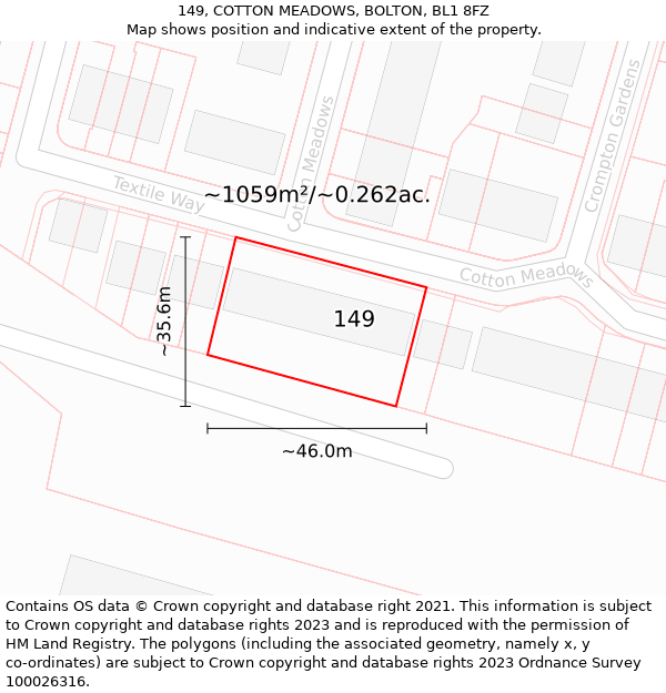 149, COTTON MEADOWS, BOLTON, BL1 8FZ: Plot and title map