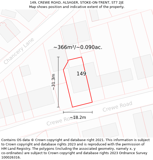 149, CREWE ROAD, ALSAGER, STOKE-ON-TRENT, ST7 2JE: Plot and title map