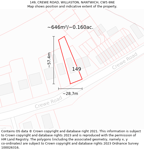 149, CREWE ROAD, WILLASTON, NANTWICH, CW5 6NE: Plot and title map