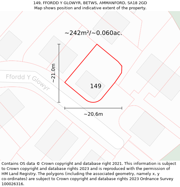 149, FFORDD Y GLOWYR, BETWS, AMMANFORD, SA18 2GD: Plot and title map