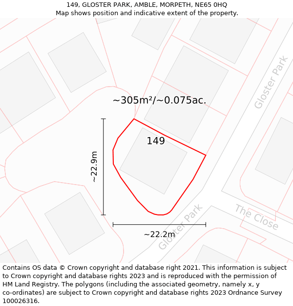 149, GLOSTER PARK, AMBLE, MORPETH, NE65 0HQ: Plot and title map