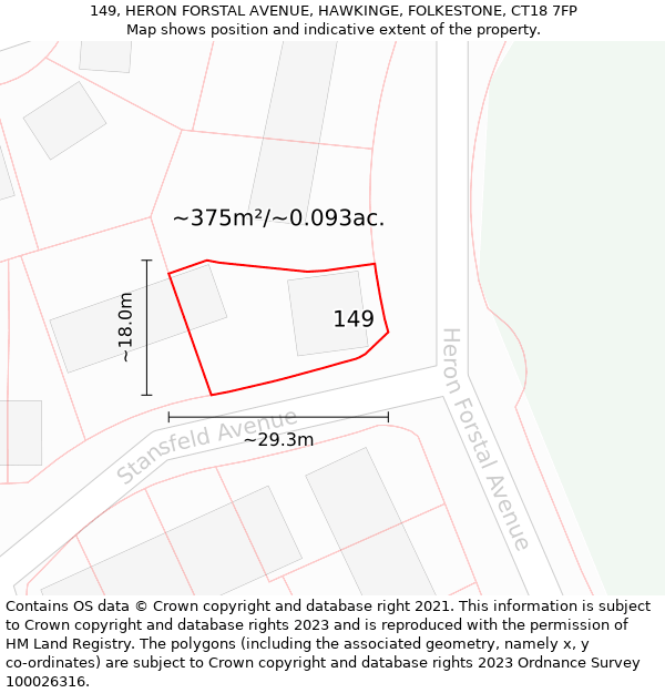 149, HERON FORSTAL AVENUE, HAWKINGE, FOLKESTONE, CT18 7FP: Plot and title map