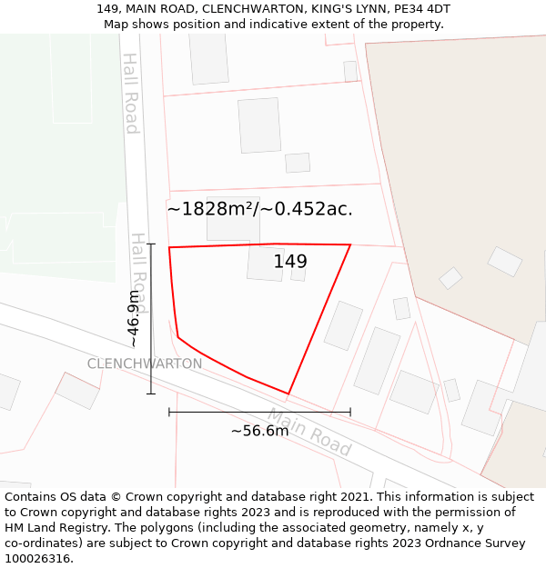 149, MAIN ROAD, CLENCHWARTON, KING'S LYNN, PE34 4DT: Plot and title map