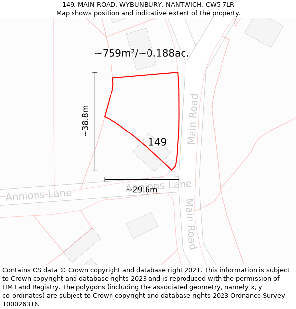 149, MAIN ROAD, WYBUNBURY, NANTWICH, CW5 7LR: Plot and title map