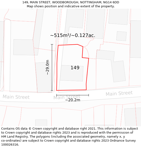 149, MAIN STREET, WOODBOROUGH, NOTTINGHAM, NG14 6DD: Plot and title map
