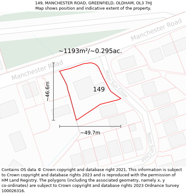 149, MANCHESTER ROAD, GREENFIELD, OLDHAM, OL3 7HJ: Plot and title map