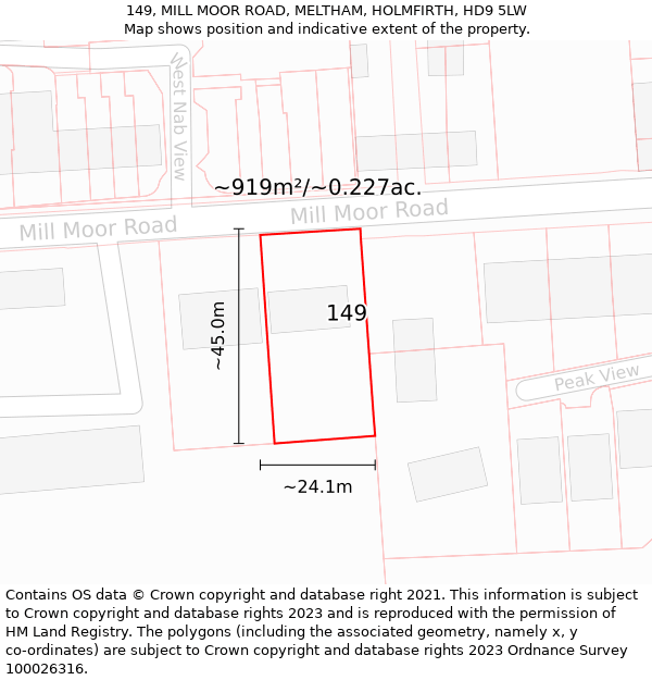 149, MILL MOOR ROAD, MELTHAM, HOLMFIRTH, HD9 5LW: Plot and title map