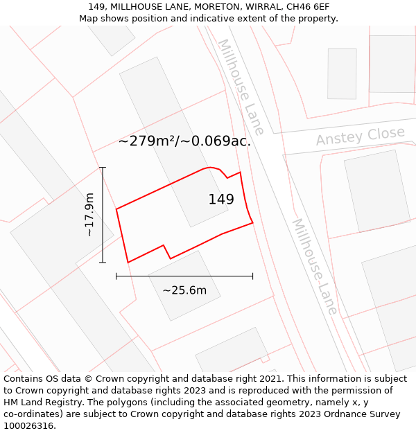 149, MILLHOUSE LANE, MORETON, WIRRAL, CH46 6EF: Plot and title map