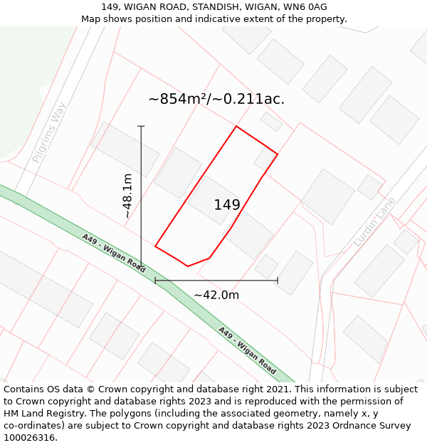 149, WIGAN ROAD, STANDISH, WIGAN, WN6 0AG: Plot and title map