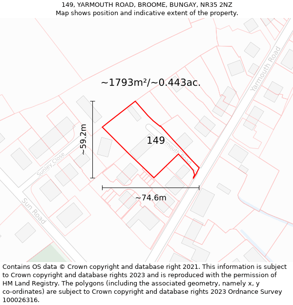 149, YARMOUTH ROAD, BROOME, BUNGAY, NR35 2NZ: Plot and title map