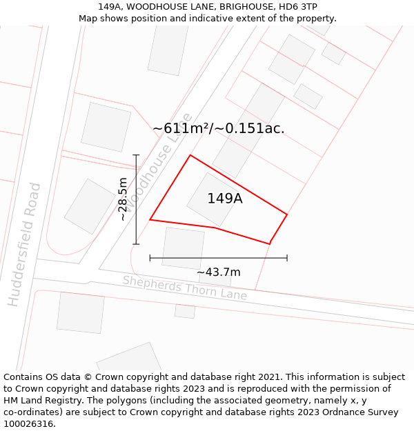 149A, WOODHOUSE LANE, BRIGHOUSE, HD6 3TP: Plot and title map