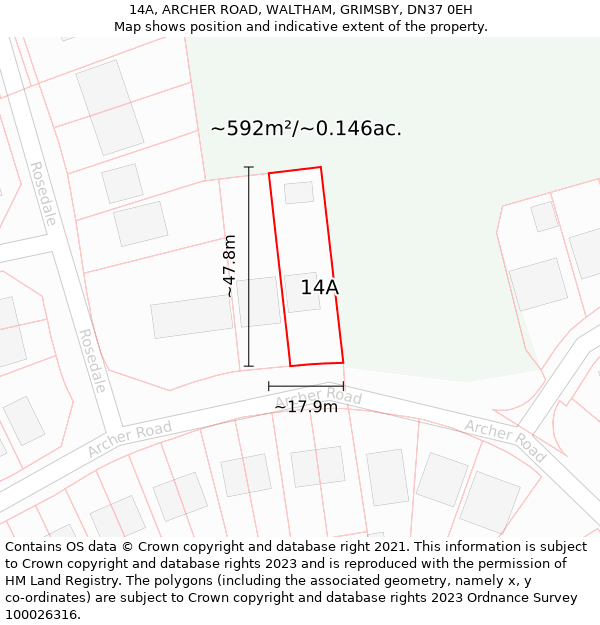 14A, ARCHER ROAD, WALTHAM, GRIMSBY, DN37 0EH: Plot and title map