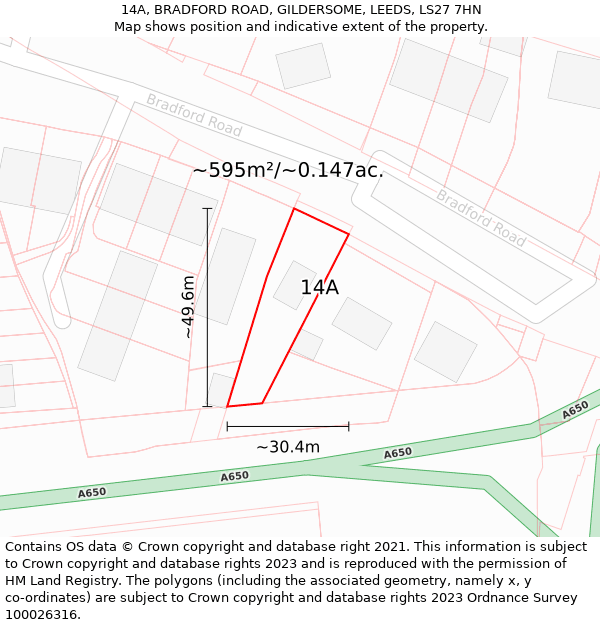 14A, BRADFORD ROAD, GILDERSOME, LEEDS, LS27 7HN: Plot and title map