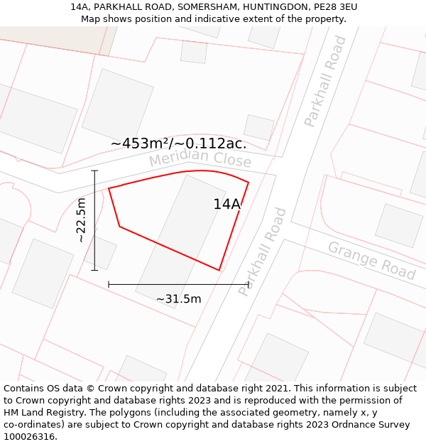 14A, PARKHALL ROAD, SOMERSHAM, HUNTINGDON, PE28 3EU: Plot and title map