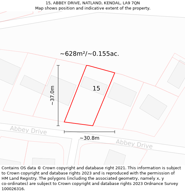 15, ABBEY DRIVE, NATLAND, KENDAL, LA9 7QN: Plot and title map