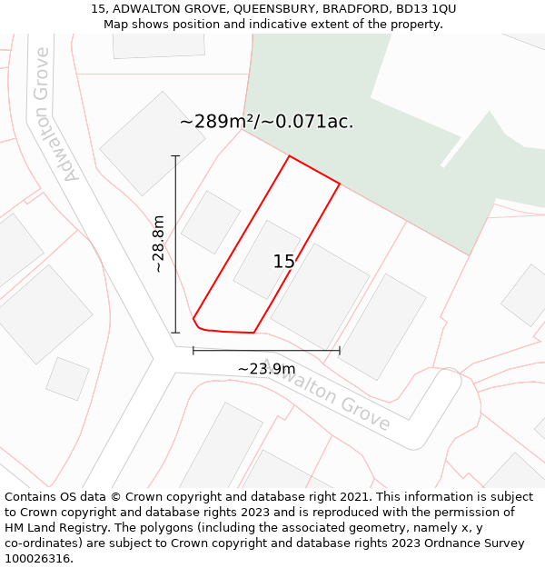 15, ADWALTON GROVE, QUEENSBURY, BRADFORD, BD13 1QU: Plot and title map