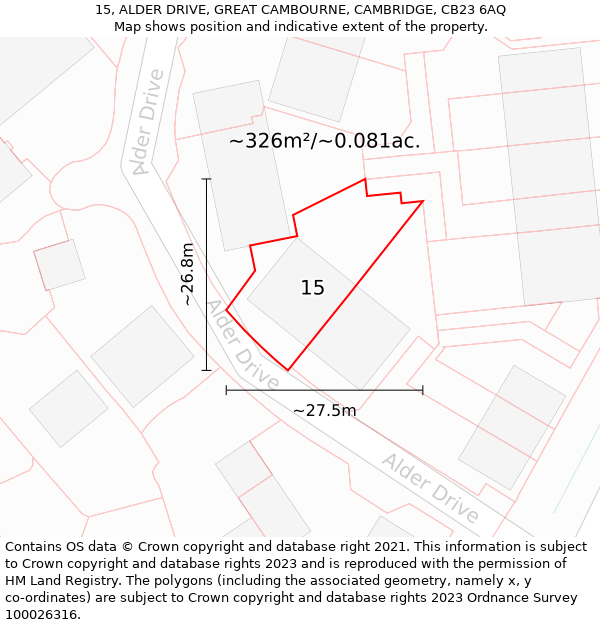 15, ALDER DRIVE, GREAT CAMBOURNE, CAMBRIDGE, CB23 6AQ: Plot and title map