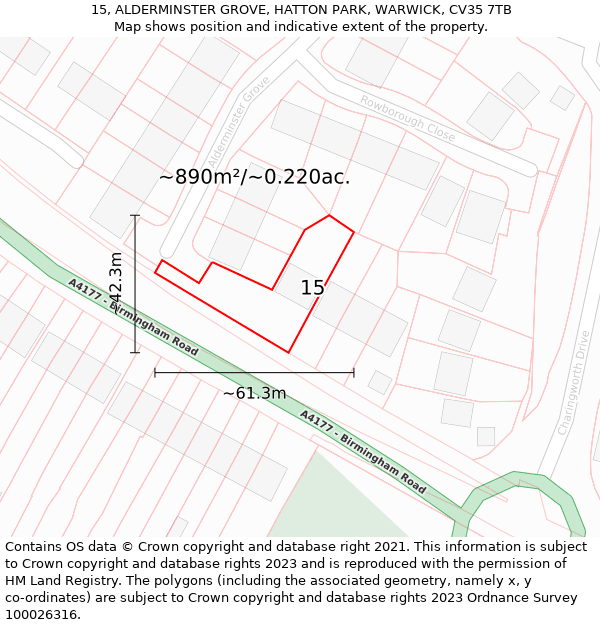 15, ALDERMINSTER GROVE, HATTON PARK, WARWICK, CV35 7TB: Plot and title map