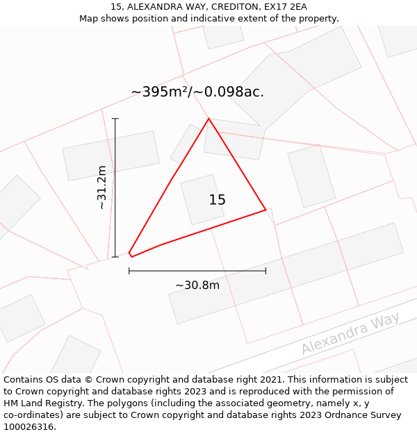 15, ALEXANDRA WAY, CREDITON, EX17 2EA: Plot and title map