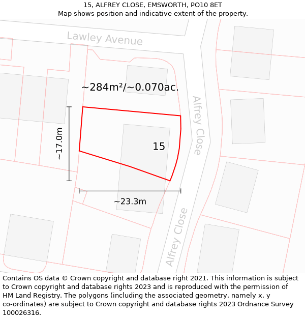 15, ALFREY CLOSE, EMSWORTH, PO10 8ET: Plot and title map