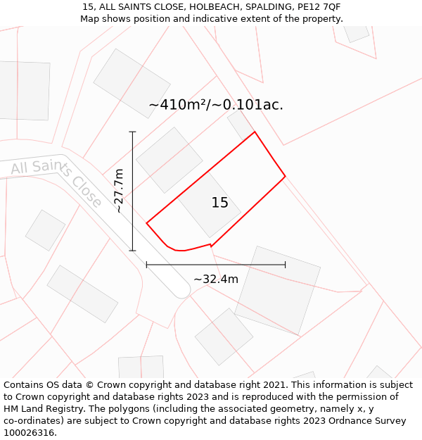 15, ALL SAINTS CLOSE, HOLBEACH, SPALDING, PE12 7QF: Plot and title map