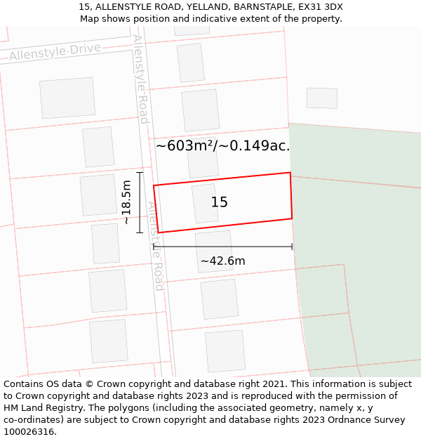 15, ALLENSTYLE ROAD, YELLAND, BARNSTAPLE, EX31 3DX: Plot and title map